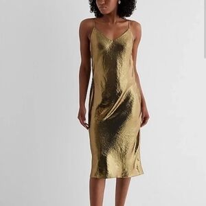 Express Sexy Metallic Bronze Gold Slip Dress with Spaghetti Straps, Size Sm
